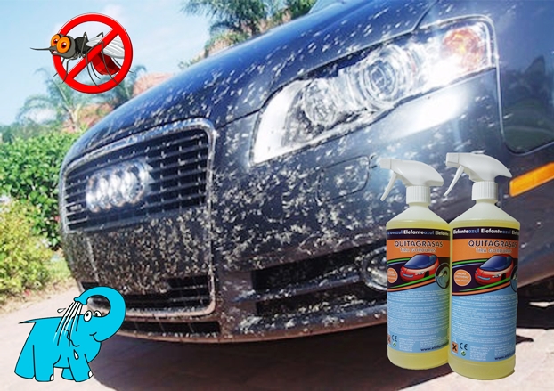 Imagen de coche lleno de mosquitos en la ficha del Desengrasante Elefante Azul de Avilés